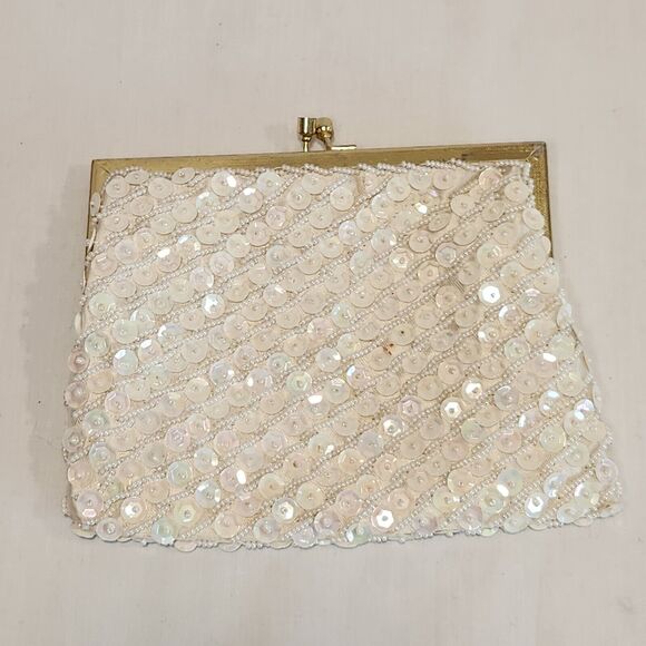 VTG Beaded Sequin Purse Ivory Evening Bag Gold Chain Strap Kisslock Handbag 6x5‎ - Picture 8 of 11
